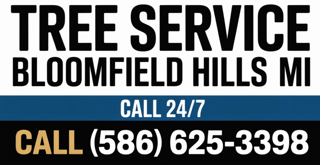 Sign for a tree service in Bloomfield Hills, MI. It advertises 24/7 service and displays a phone number in large text: (586) 625-3398. The word Call is highlighted in yellow.