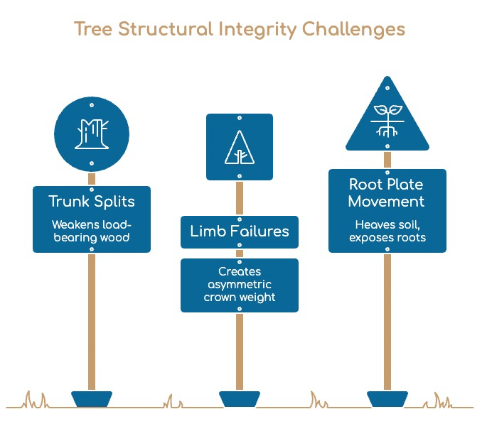 Three illustrated signs describe tree structural integrity challenges in Huntington Woods, MI: Trunk splits (weakens load-bearing wood), limb failures (creates asymmetric crown weight), and root plate movement (heaves soil, exposes roots). Call for expert tree service.