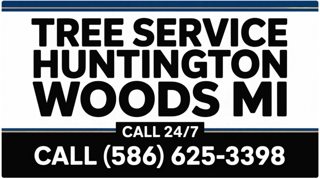 Black and white sign with blue lines reads: Tree Service Huntington Woods MI. Call 24/7 for expert MI tree service. Call (586) 625-3398.