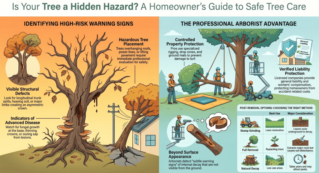 Infographic explaining tree hazard warning signs and benefits of hiring a professional Tree Service in Huntington Woods, MI. Shows damaged trees, safety risks, specialized equipment, stump removal options, and certified arborist credentials.