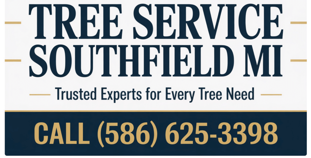 Sign for Tree Service Southfield MI featuring the slogan Trusted Experts for Every Tree Need. Contact us at (586) 625-3398, highlighted in yellow and black at the bottom. Serving all your Southfield MI tree service needs.