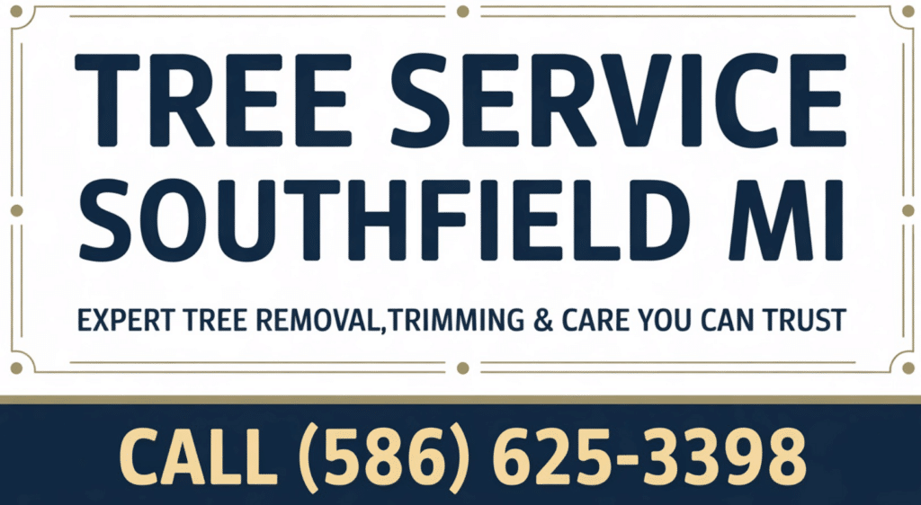 A bold navy and gold sign for a Tree Service in Southfield MI, offering expert tree removal, trimming, and care. The sign displays the phone number (586) 625-3398 for easy contact.