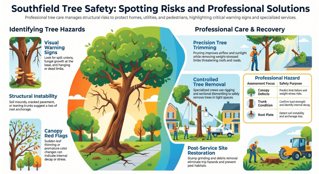Infographic on tree safety by a Tree Service in Southfield MI, showing warning signs of instability, canopy red flags, professional trimming, tree removal, stump grinding, and root care. Features illustrated trees, workers, and hazard icons for guidance.