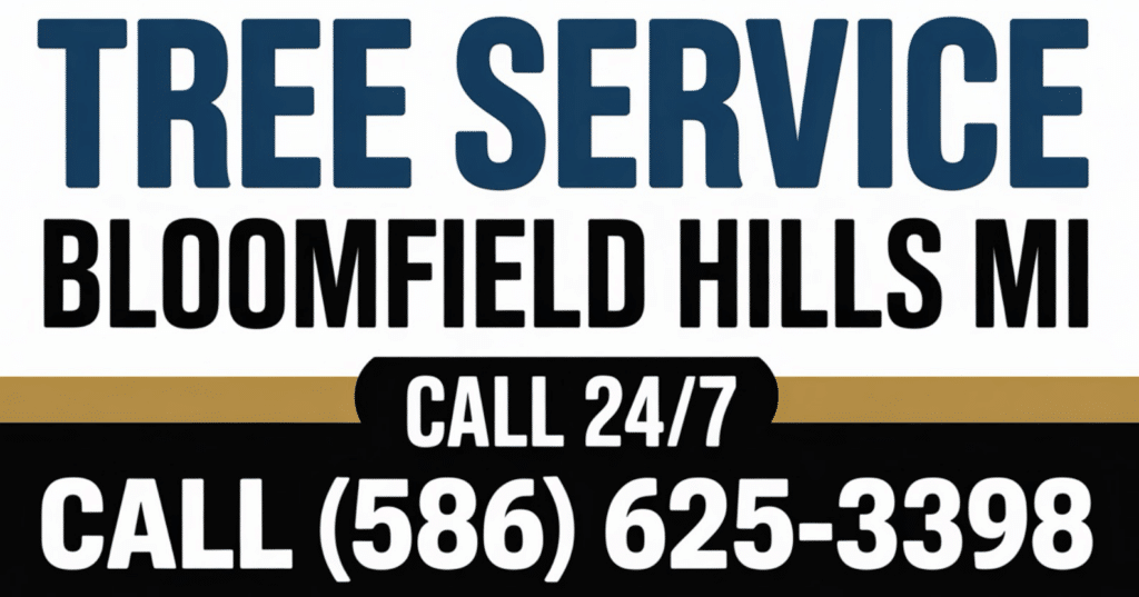 Sign for a tree service in Bloomfield Hills, MI. It says: Tree Service Bloomfield Hills MI. Call 24/7. Call (586) 625-3398. The text is in blue, black, and white with a gold stripe.