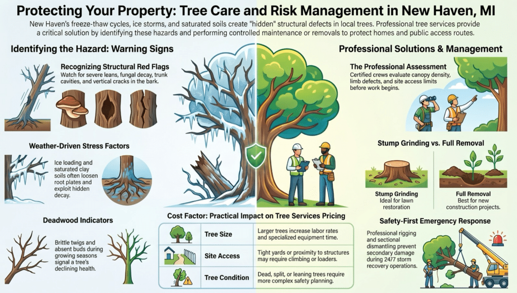 Informative infographic about tree care and risk management in New Haven MI, showing warning signs like cracks and leaning, deadwood indicators, pricing factors, and Tree Service options such as pruning and stump removal, with colorful illustrations and icons. Informative infographic about tree care and risk management in New Haven MI, showing warning signs like cracks and leaning, deadwood indicators, pricing factors, and Tree Service options such as pruning and stump removal, with colorful illustrations and icons.