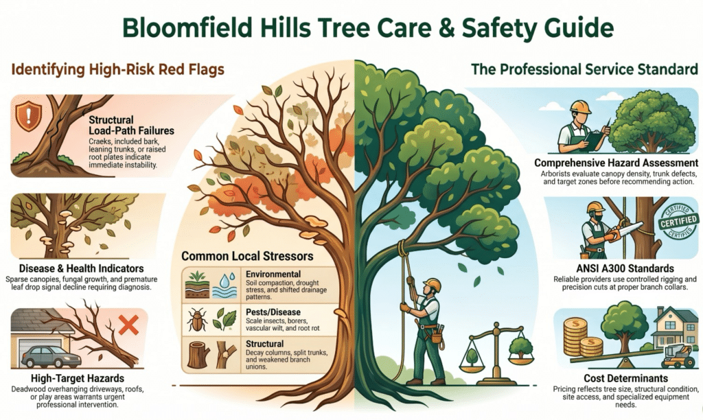 An illustrated guide shows tree care safety tips, including identifying disease, structural risks, pests, high-target hazards, and environmental stressors, alongside professional service standards like hazard assessments and cost determination.