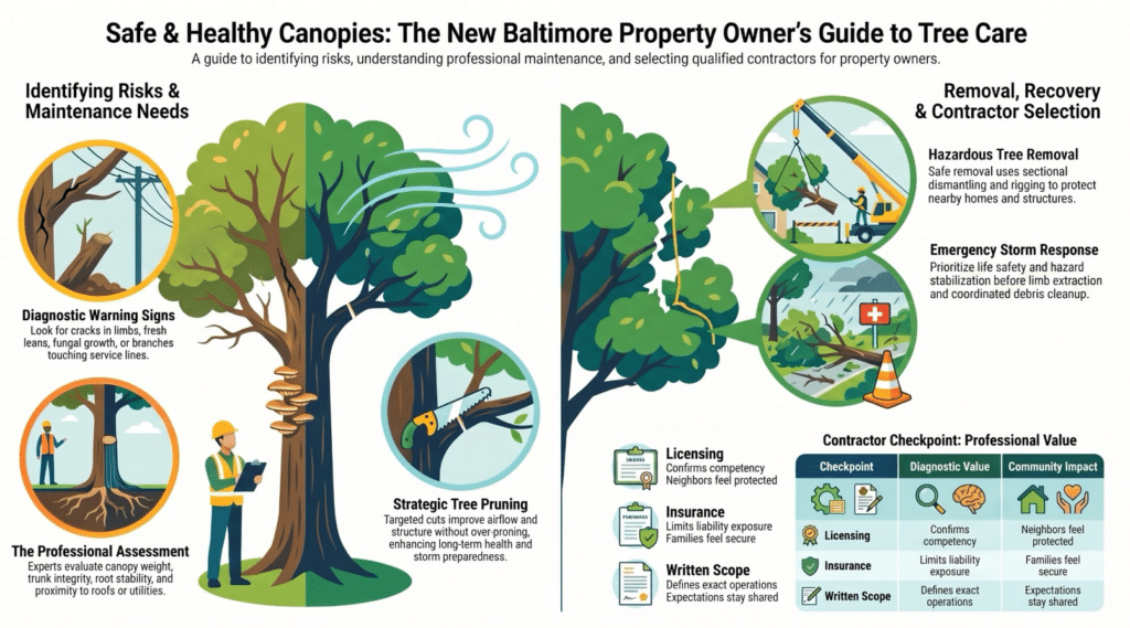 Infographic titled Safe & Healthy Canopies: The New Baltimore, MI Property Owner’s Guide to Tree Care highlights steps like risk assessment, tree pruning, contractor selection, and emergency removal services—all essential for effective tree service.