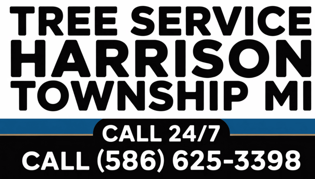 Sign advertising Tree Service in Harrison Township, MI. It reads: TREE SERVICE HARRISON TOWNSHIP MI. CALL 24/7. CALL (586) 625-3398. Features a black and white background with blue and gold accents for added appeal.