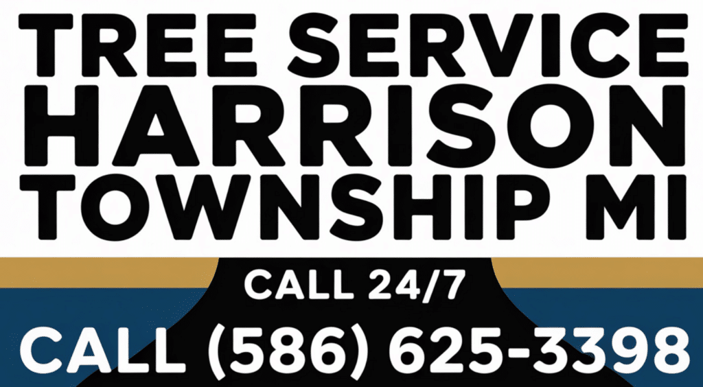 Sign reads: “Tree Service in Harrison Township, MI. Call 24/7. Call (586) 625-3398.” The text is bold, with a white background and blue and gold accents.