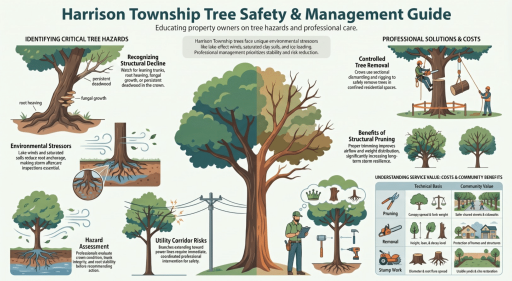Illustrated guide on tree safety in Harrison Township, MI, showing signs of tree hazards, assessment steps, benefits of pruning, and costs for professional Tree Service, with diagrams of trees, hazards, arborists, and pruning techniques.