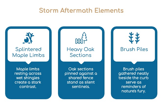 Three blue boxes labeled Splintered Maple Limbs, Heavy Oak Sections, and Brush Piles showcase storm debris elements, each with a simple icon and brief explanatory text—ideal for anyone seeking reliable tree service in Detroit MI. Three blue boxes labeled Splintered Maple Limbs, Heavy Oak Sections, and Brush Piles showcase storm debris elements, each with a simple icon and brief explanatory text—ideal for anyone seeking reliable tree service in Detroit MI.