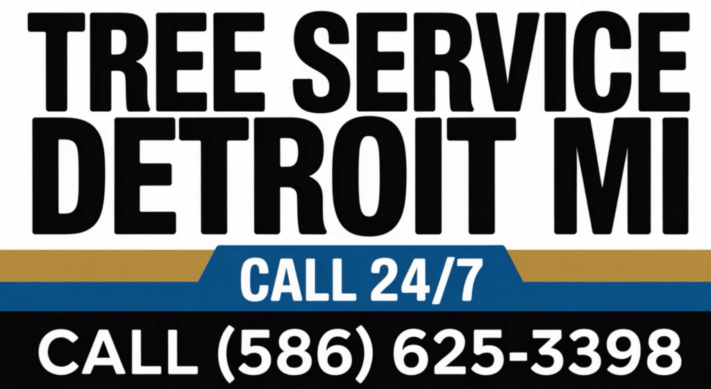 A sign reads: Detroit Tree Service MI. Call 24/7 at (586) 625-3398 in bold black and blue text on a white background with gold and blue accents. A sign reads: Detroit Tree Service MI. Call 24/7 at (586) 625-3398 in bold black and blue text on a white background with gold and blue accents.