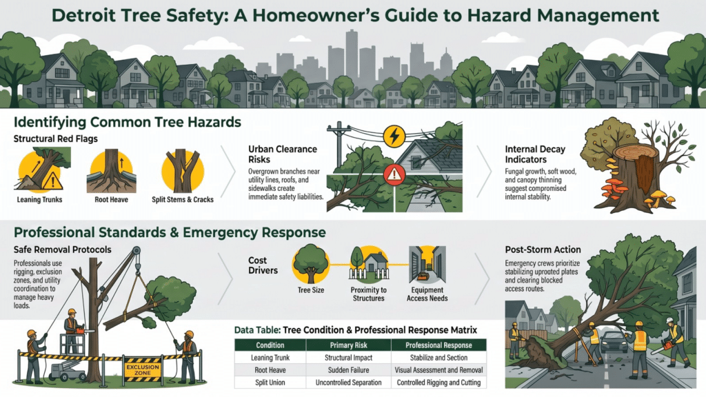 Illustrated guide on Detroit tree safety, featuring MI Tree Service protocols, common hazards, emergency response steps, and a tree condition matrix. Scenes include inspectors, equipment, damaged trees, and a fallen tree blocking a road. Illustrated guide on Detroit tree safety, featuring MI Tree Service protocols, common hazards, emergency response steps, and a tree condition matrix. Scenes include inspectors, equipment, damaged trees, and a fallen tree blocking a road.