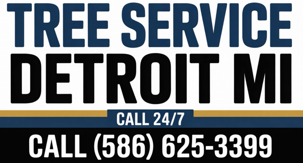 A sign reads: Tree Service Detroit MI. Call 24/7. Contact Detroit’s top Tree Service at (586) 625-3399 in bold blue, black, and white text with gold accents. A sign reads: Tree Service Detroit MI. Call 24/7. Contact Detroit’s top Tree Service at (586) 625-3399 in bold blue, black, and white text with gold accents.