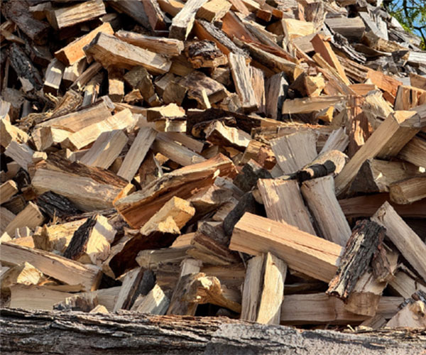 A large, disorganized pile of chopped firewood logs.