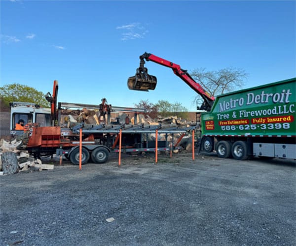 A crane loading logs onto a trailer next to a Metro Detroit Tree & Firewood truck.